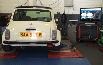 Mini with Honda engine on rolling road